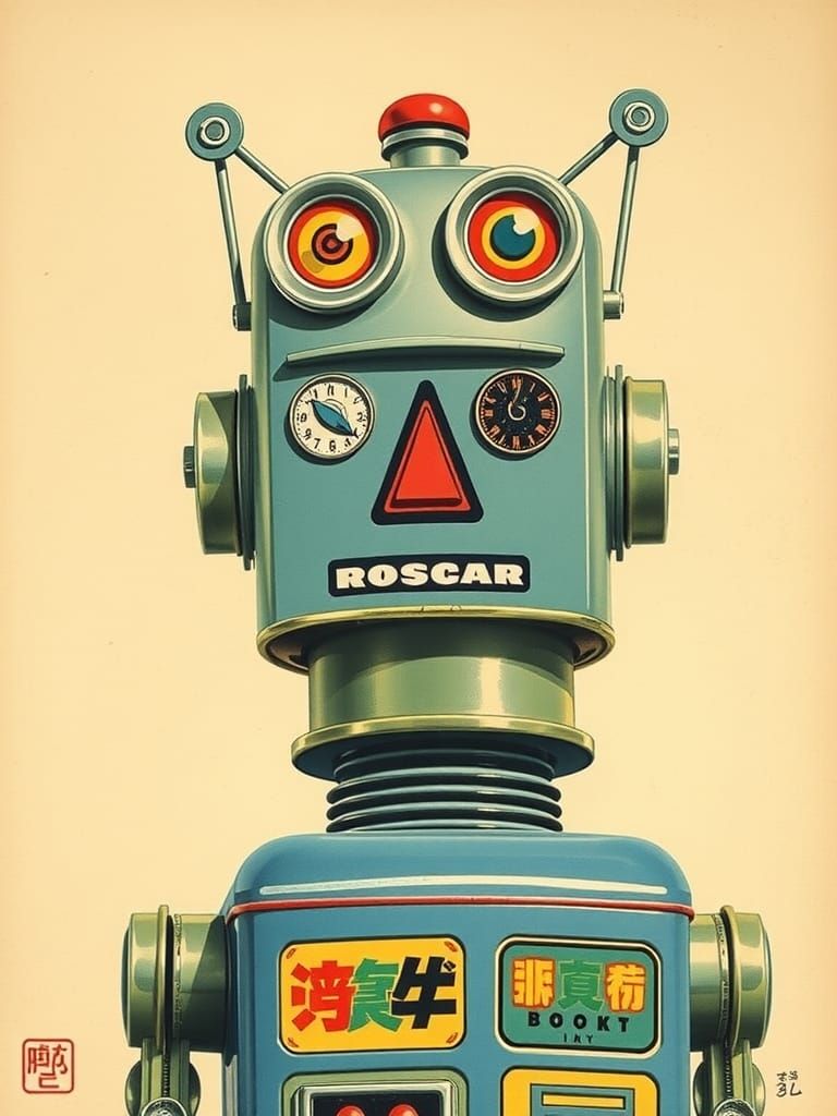 Japanese Woodblock Print of 1960s Tin Robot