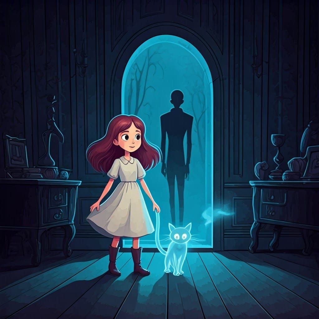 Whimsical Girl Meets Ghostly Feline in a Haunted Mansion, in...