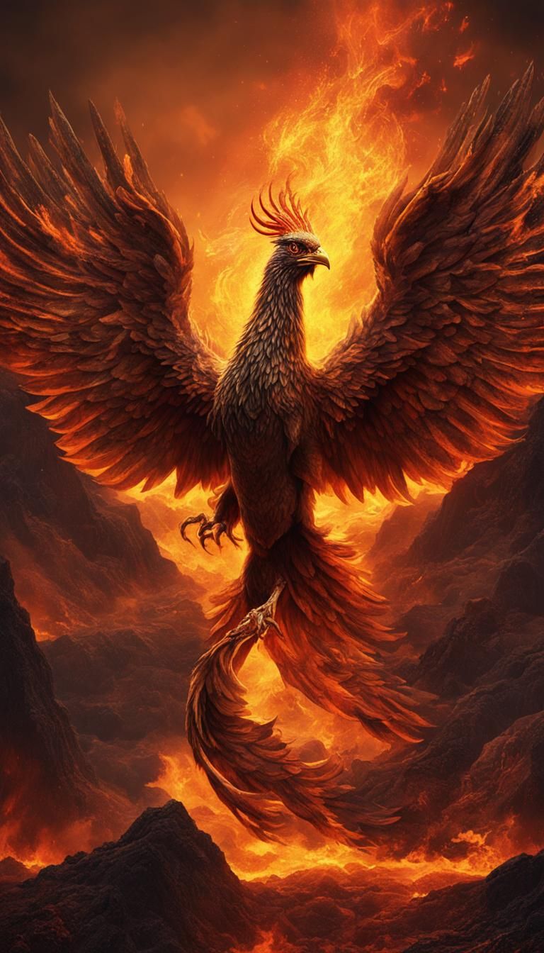 Fiery Phoenix in Volcanic Landscape, Surreal Art