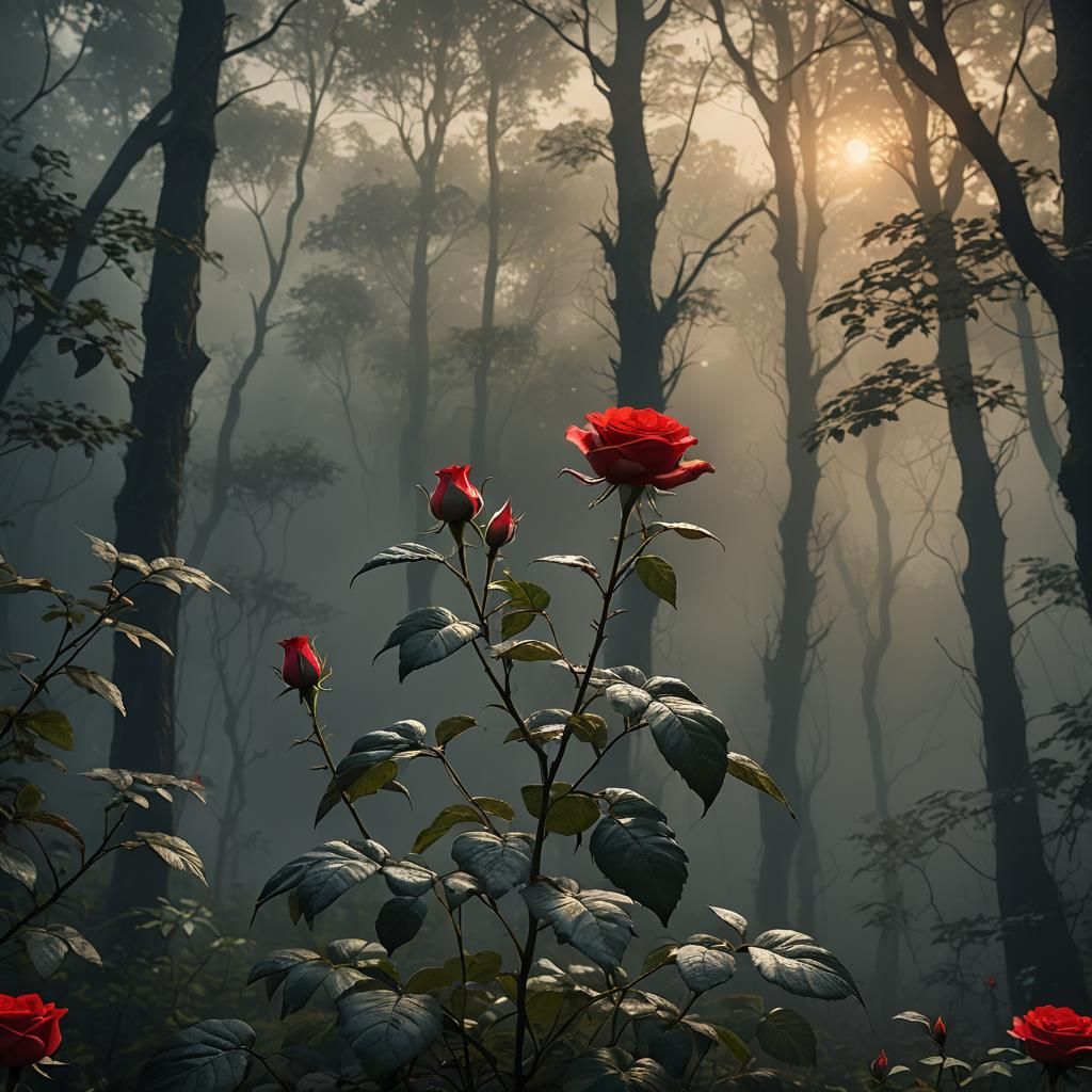 Glowing Red Rose in Misty Forest: Digital Painting