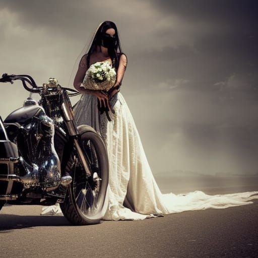 Sinister Skeleton Bride Rides Motorcycle in Wedding Dress
