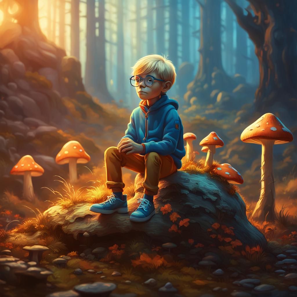 Blond Puppet Boy on Mushroom, Syd Mead Inspired