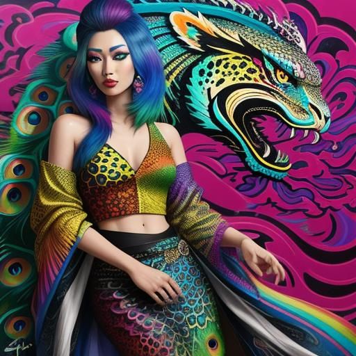 Asian Woman with Dragon Scales in Graffiti Art