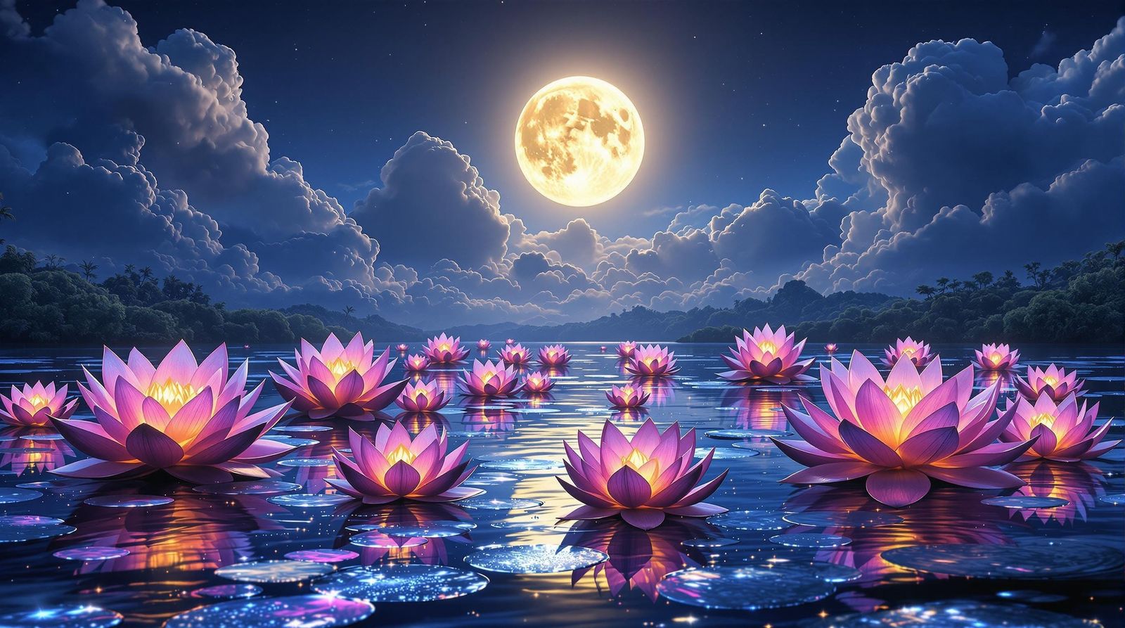 Surreal Lotus Blooms Illuminate Enchanted Lake Under Full Mo...