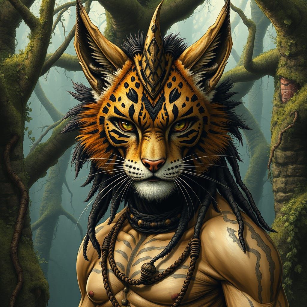 Primitive Cat Humanoid in Ancient Forest