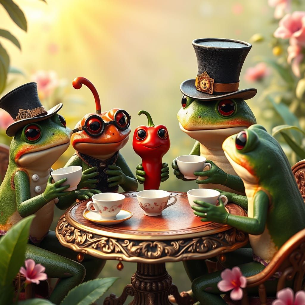 Charming Frogs in Steampunk Tea Party, Victorian Garden Sett...