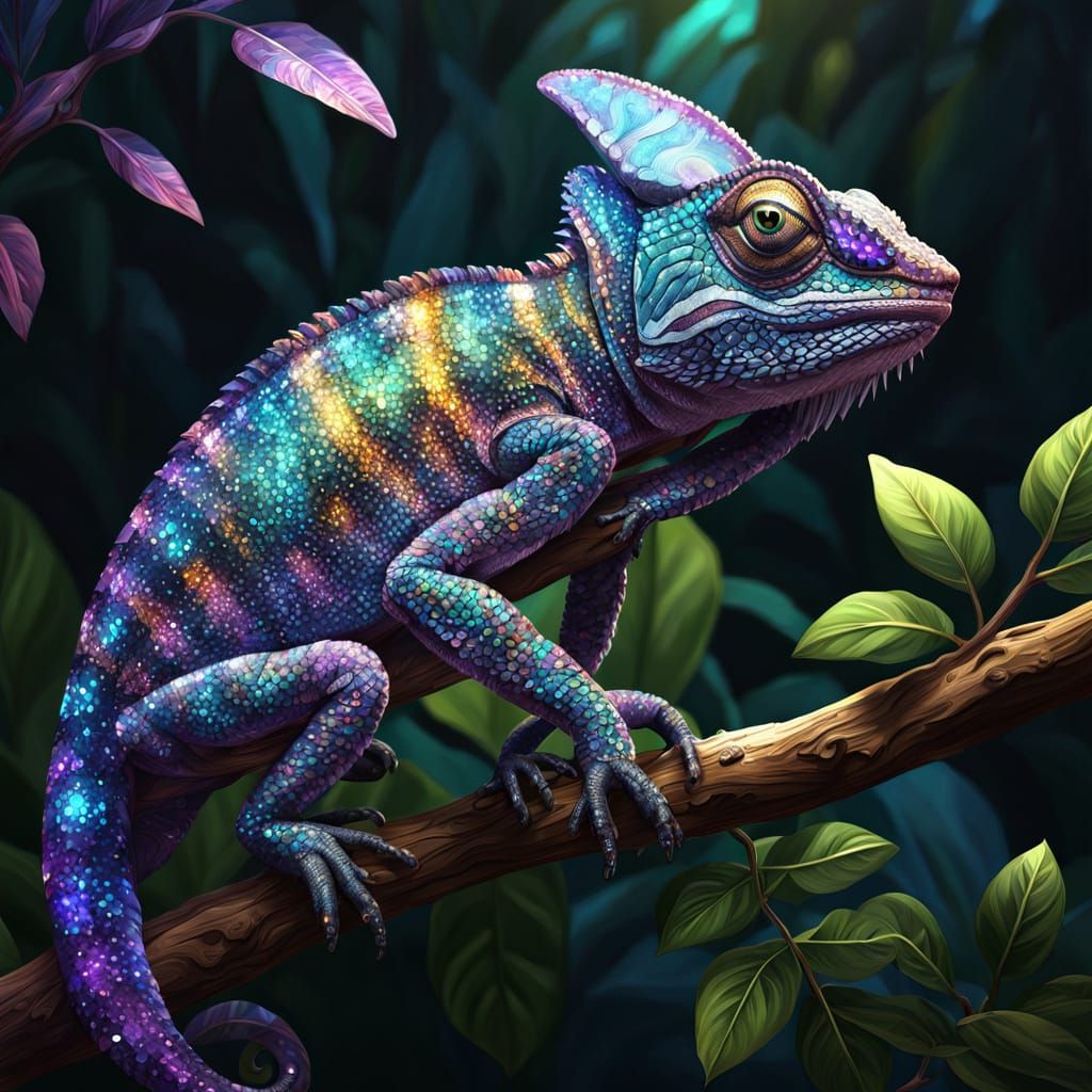 Crystal Chameleon Perched in Jungle, Digital Painting