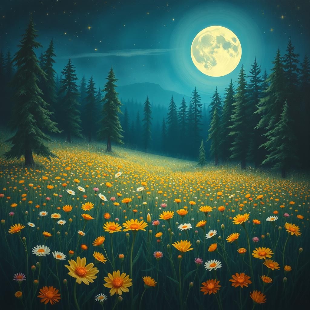 Moonlit Flower Field Painting with Golden Orbs