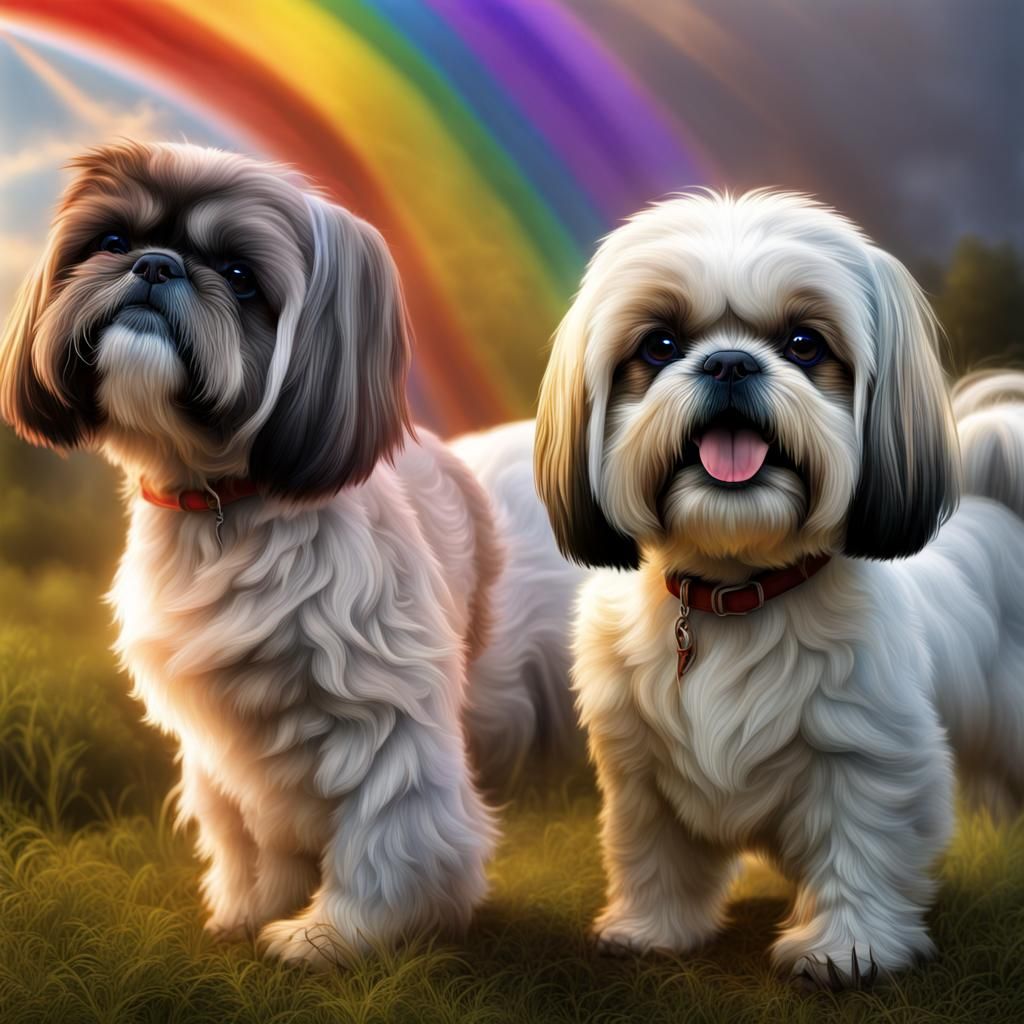 Shih Tzus Play with Rainbows in Hyperrealistic Style