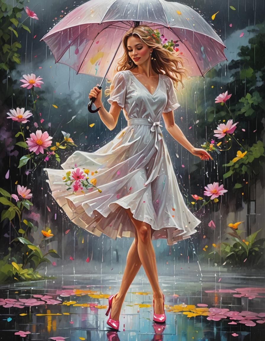 Woman Dancing in Colorful Rain, Oil Painting