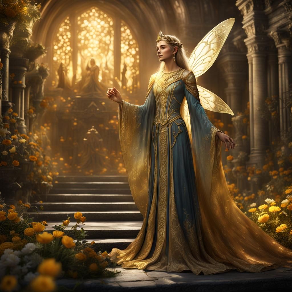 Golden Fairy in Elven Hall: Fantasy Concept Art