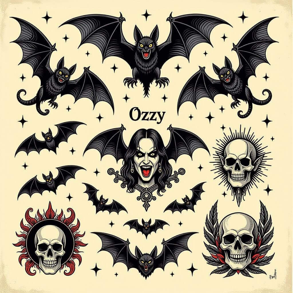 Tattoo Sheet with Bats in Traditional Style