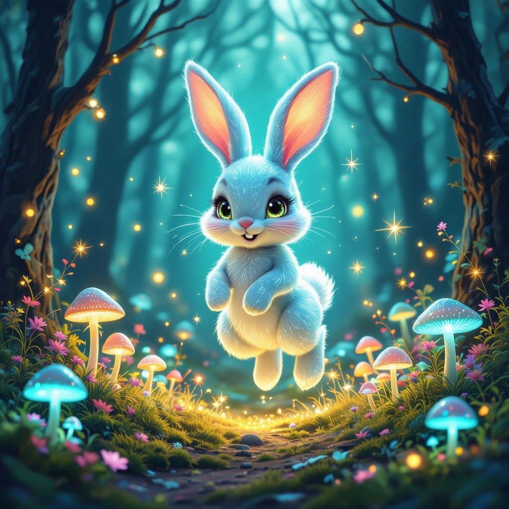 Whimsical Easter Bunny in a Bioluminescent Forest