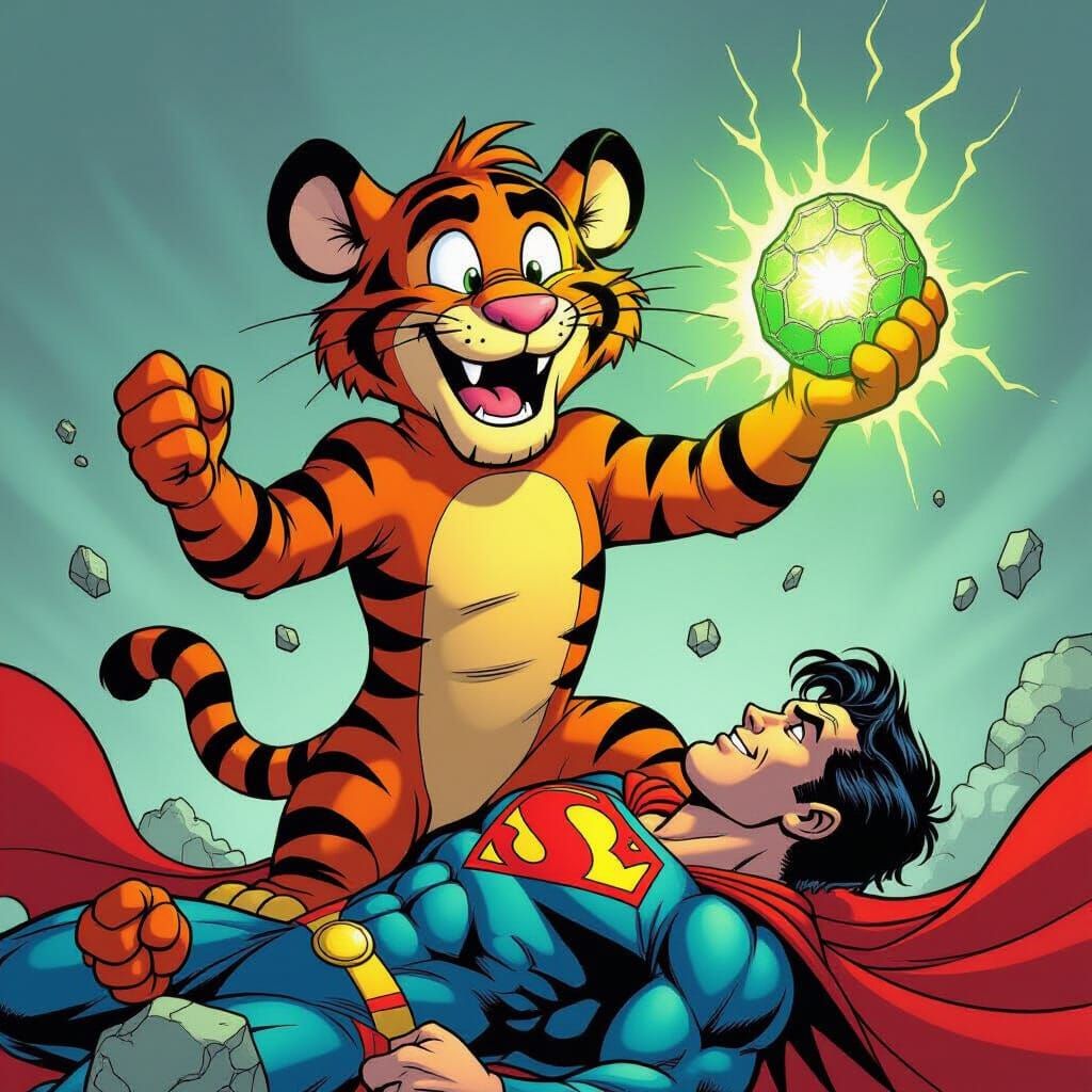 Tigger Defeats Superman with Kryptonite in Comic Style