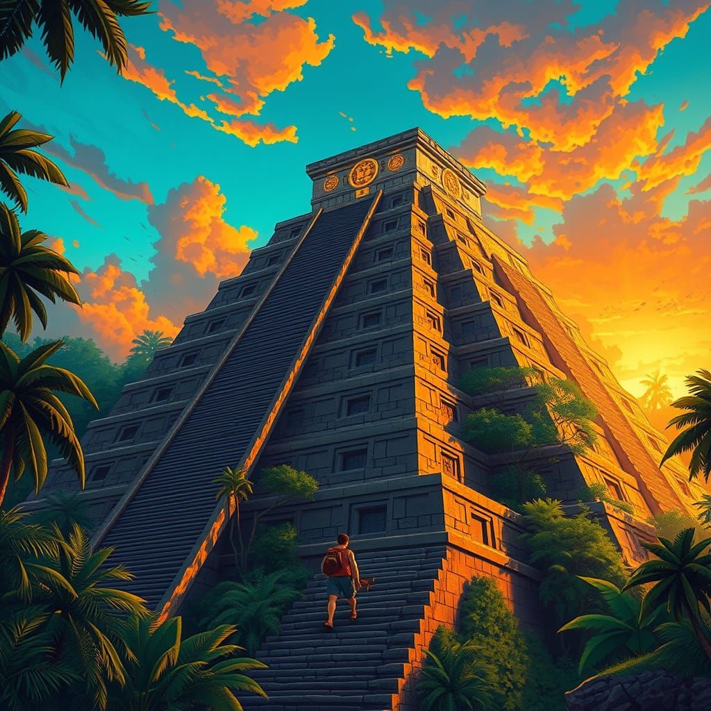 Ancient Mesoamerican Pyramid in Vibrant Jungle Setting