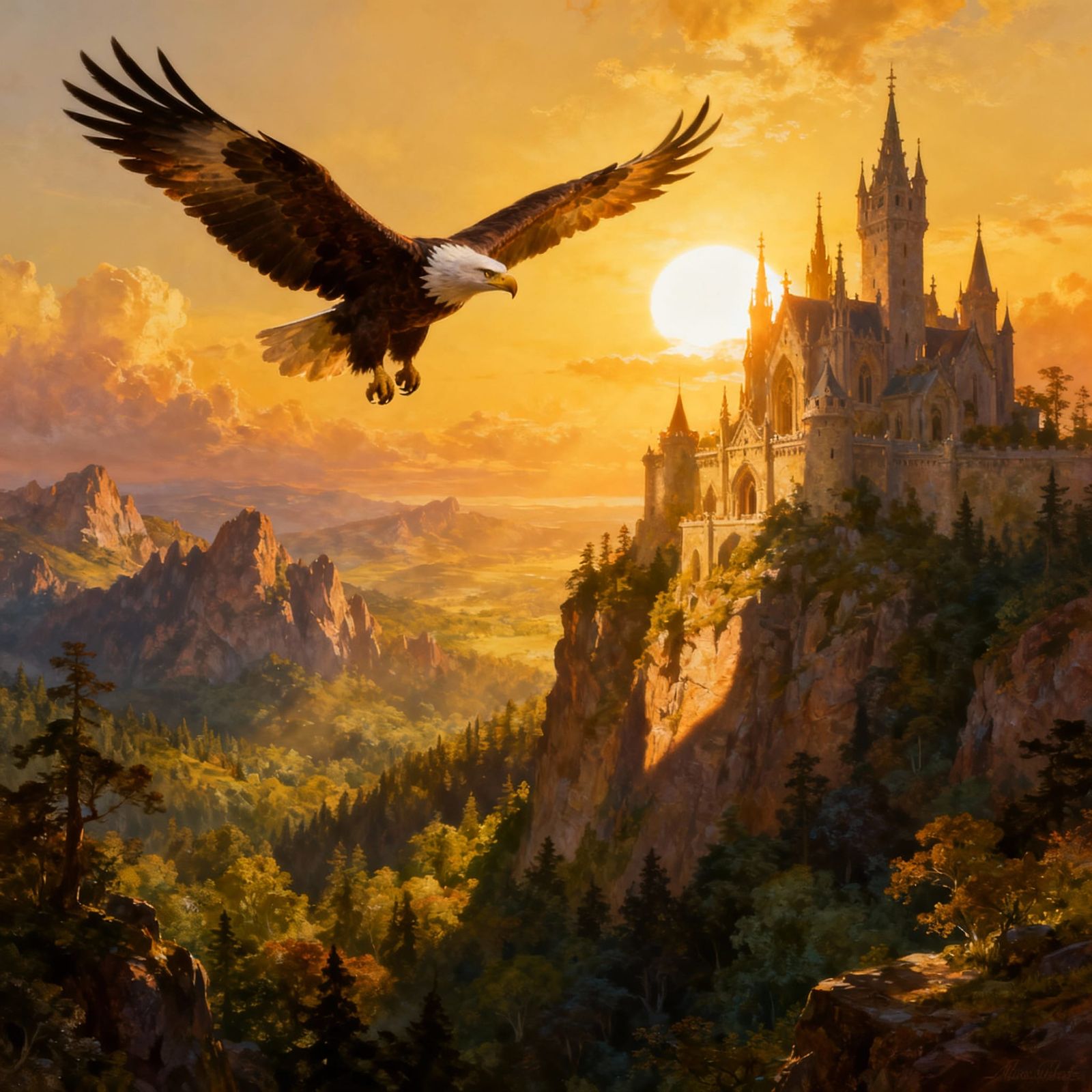 Majestic Eagle Soars Over Gothic Castle in Epic Digital Pain...