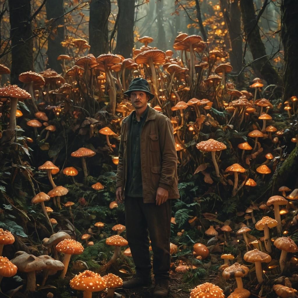 Whimsical Fantasy Scene with Glowing Mushrooms and Twisted G...