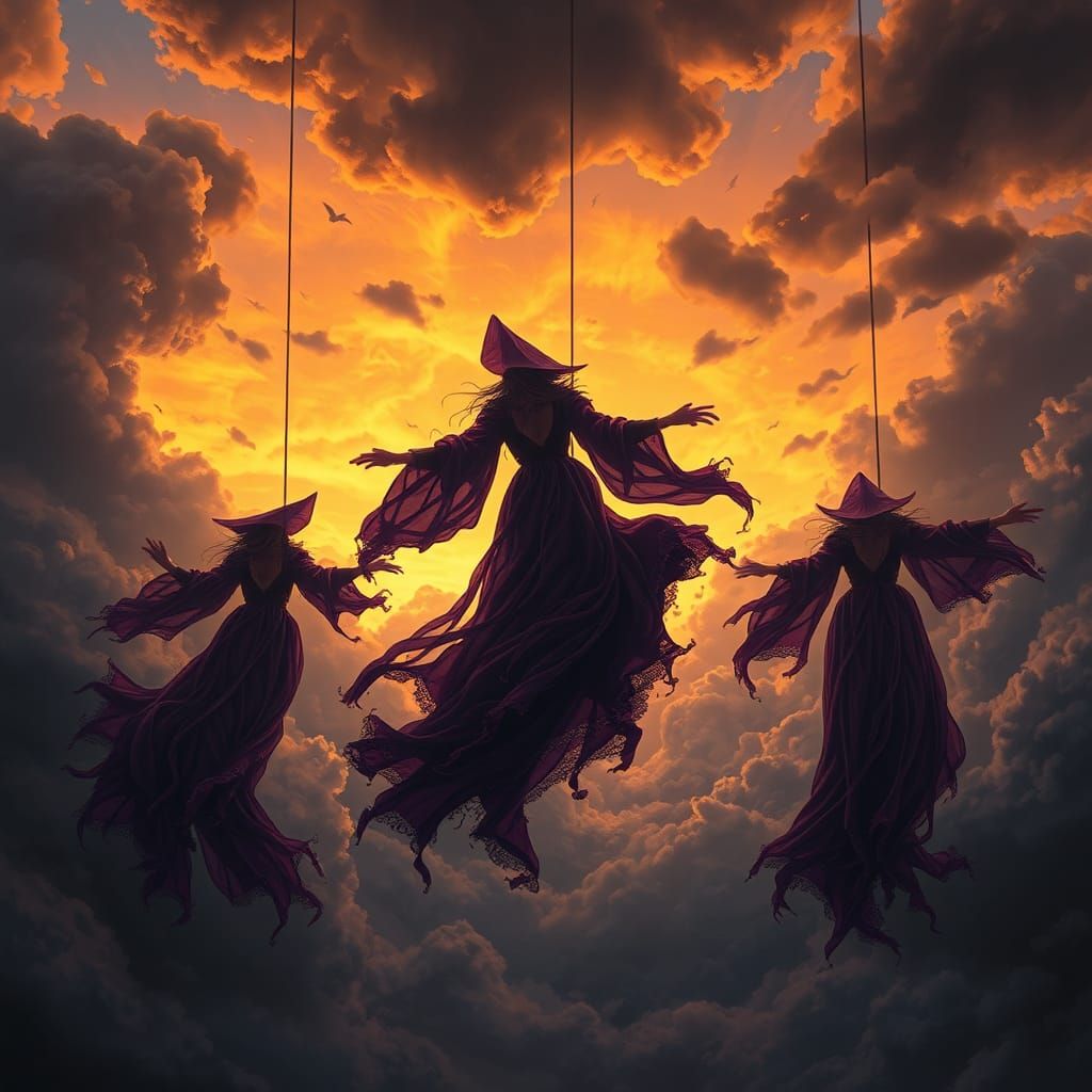 Ethereal Witches Weaving Twilight Spell in Dark Fantasy Styl...