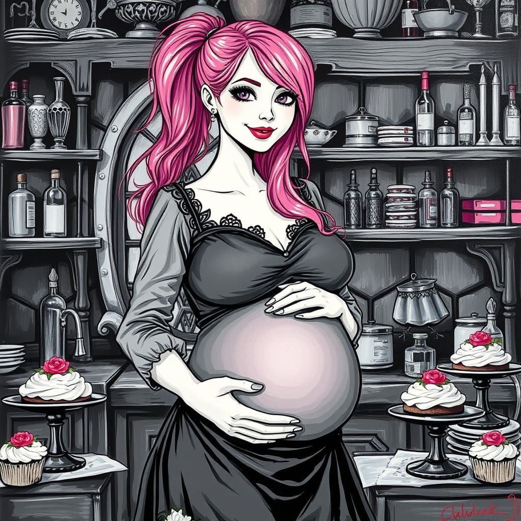 A Pregnant Gothic Goddess Smiles in a Kitchen