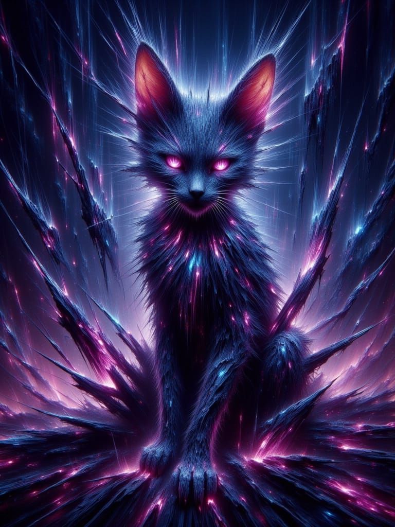 Elegant Cat with Glowing Cracks in Surreal Landscape