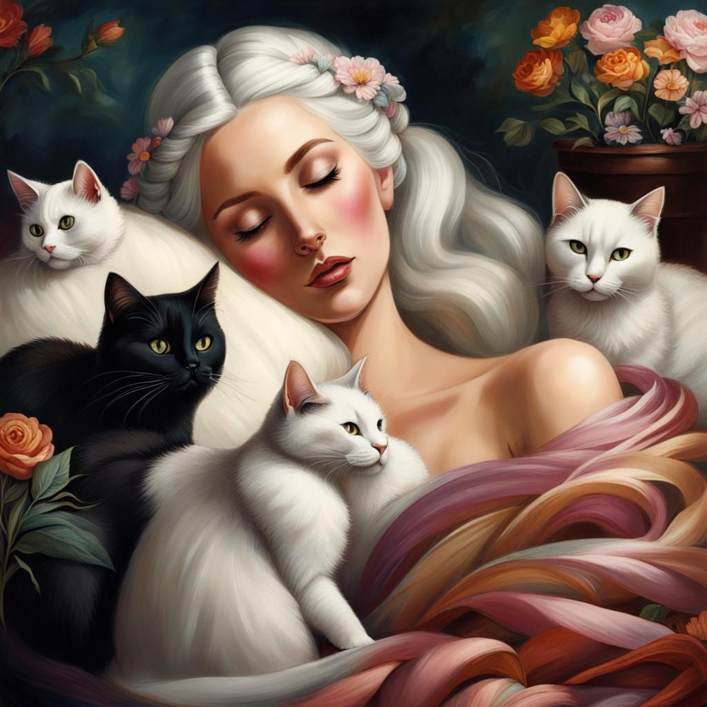 Woman with Flowers Sleeping with Cats