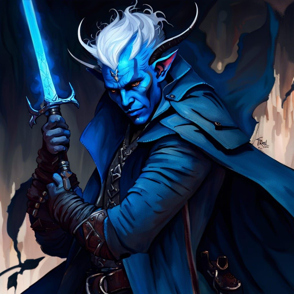 Blue Tiefling Warrior with Greatsword, Fantasy Art