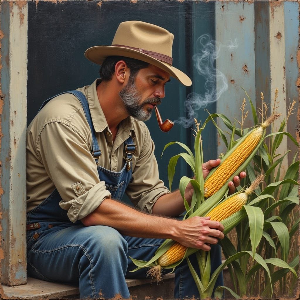 Farmer Inspects Corn on Porch in Chalky Oil Painting