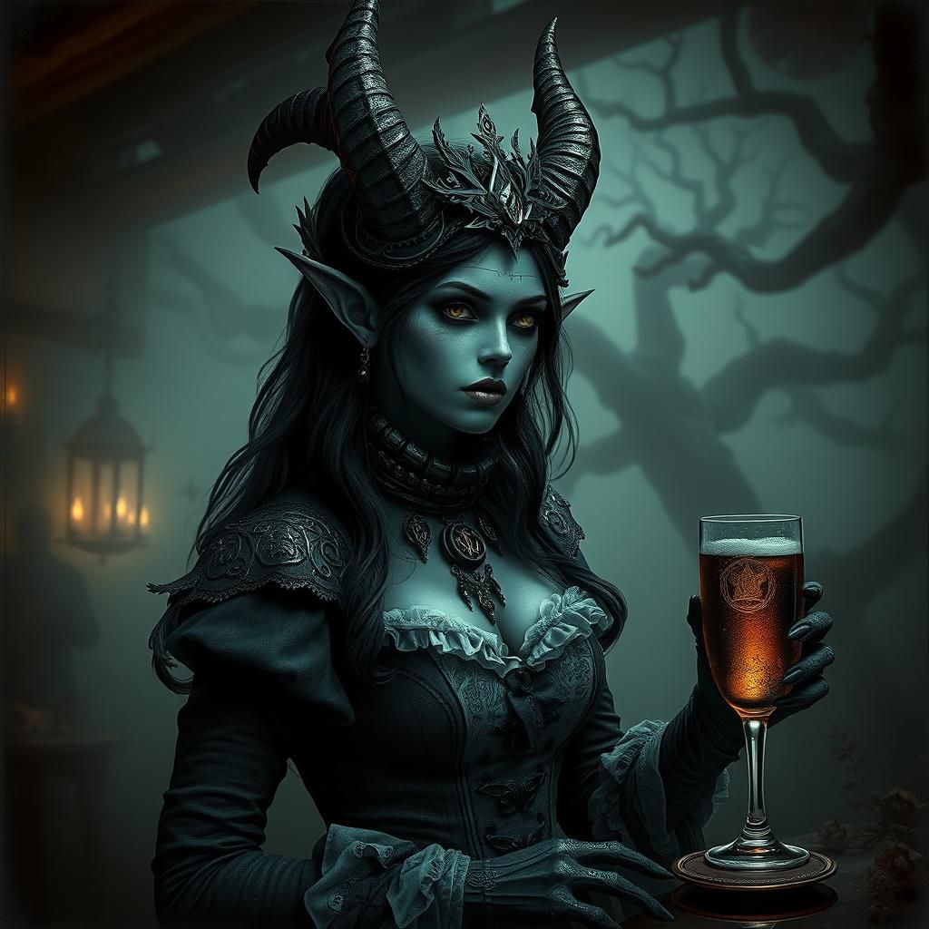 Eerie Oktoberfest Demon Waitress in Gothic Horror Style