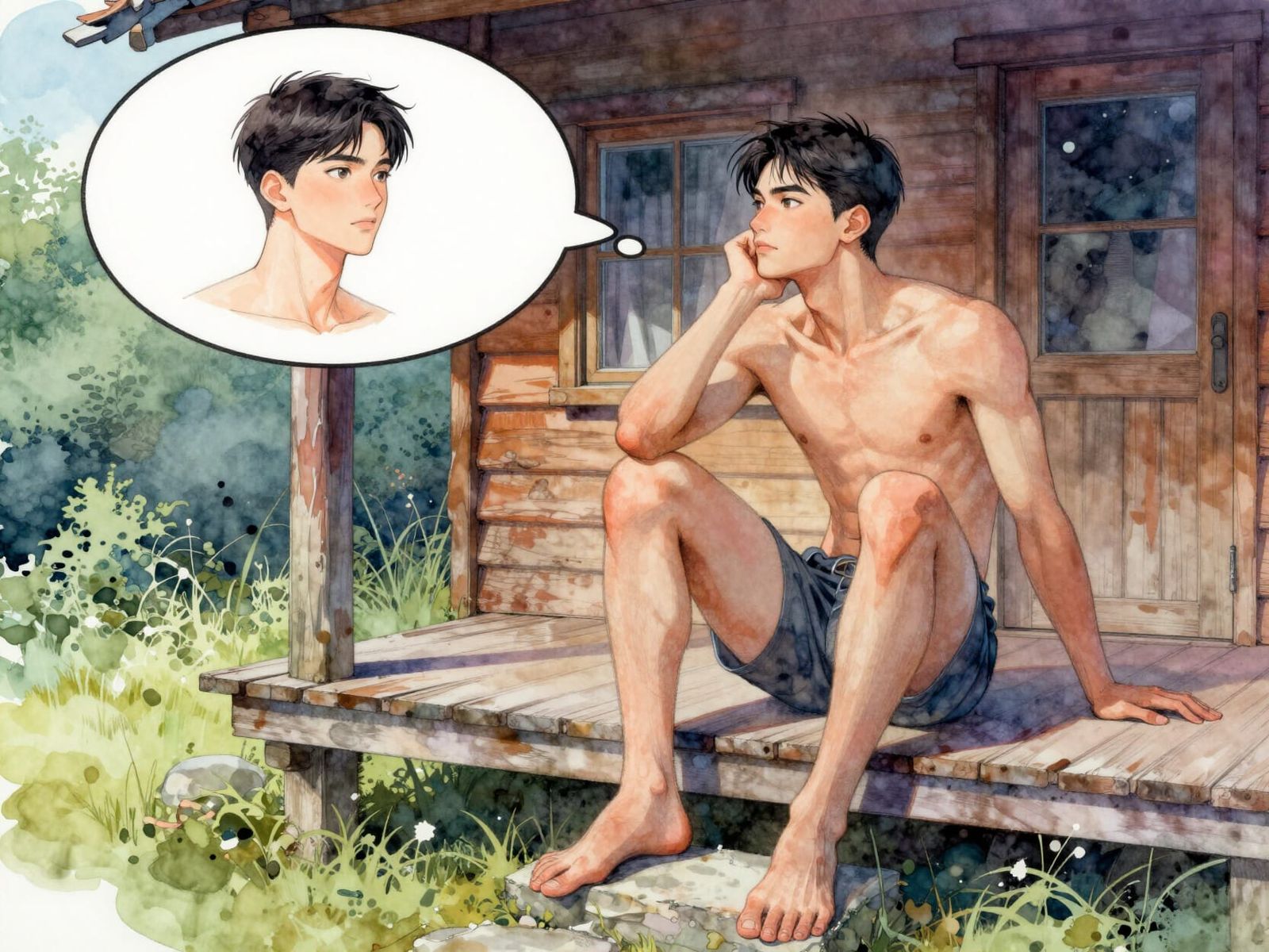 Peaceful Contemplation: Gay Man on Cabin Porch in Alcohol In...