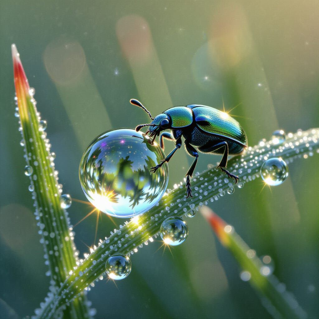 Iridescent Beetle Finds Cosmic Dewdrop on Giant Grass Blade