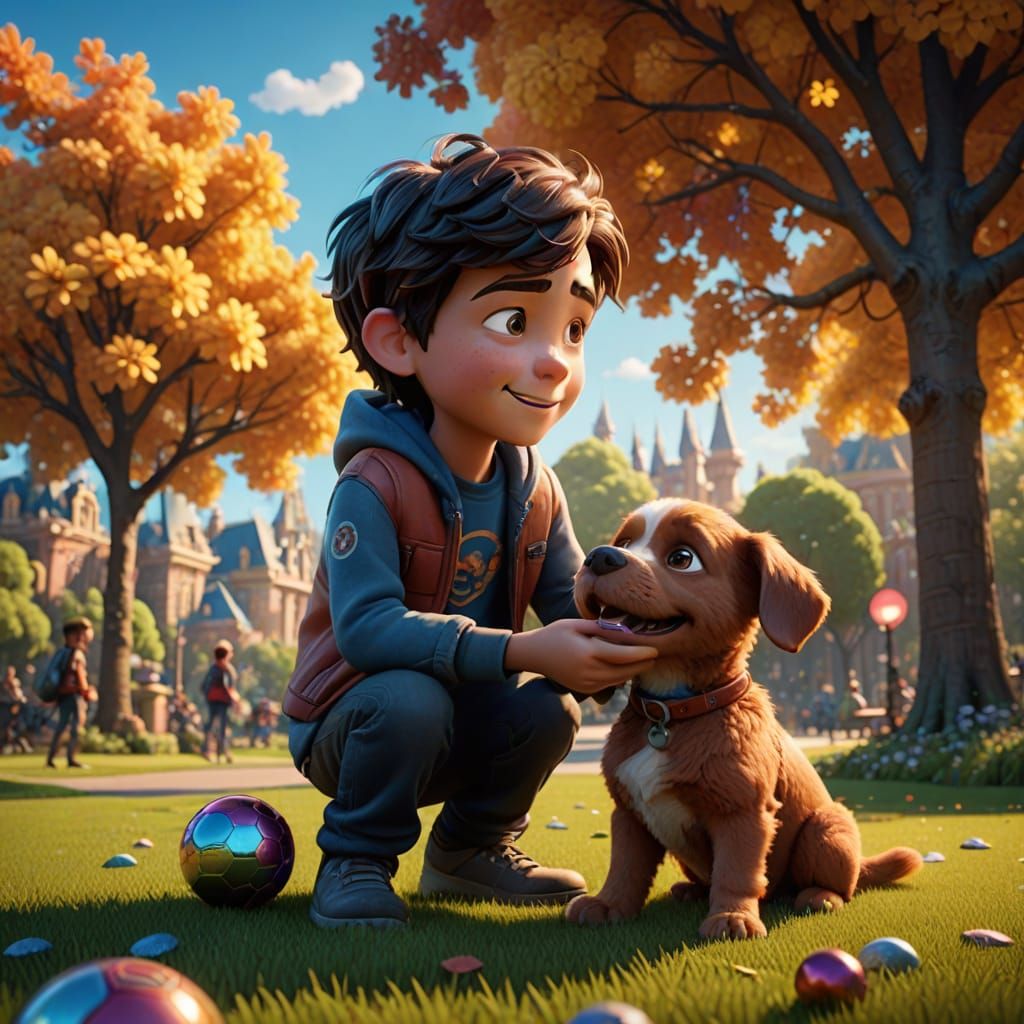 Joyful Moment in a Sunlit Park, Pixar-Style Digital Art