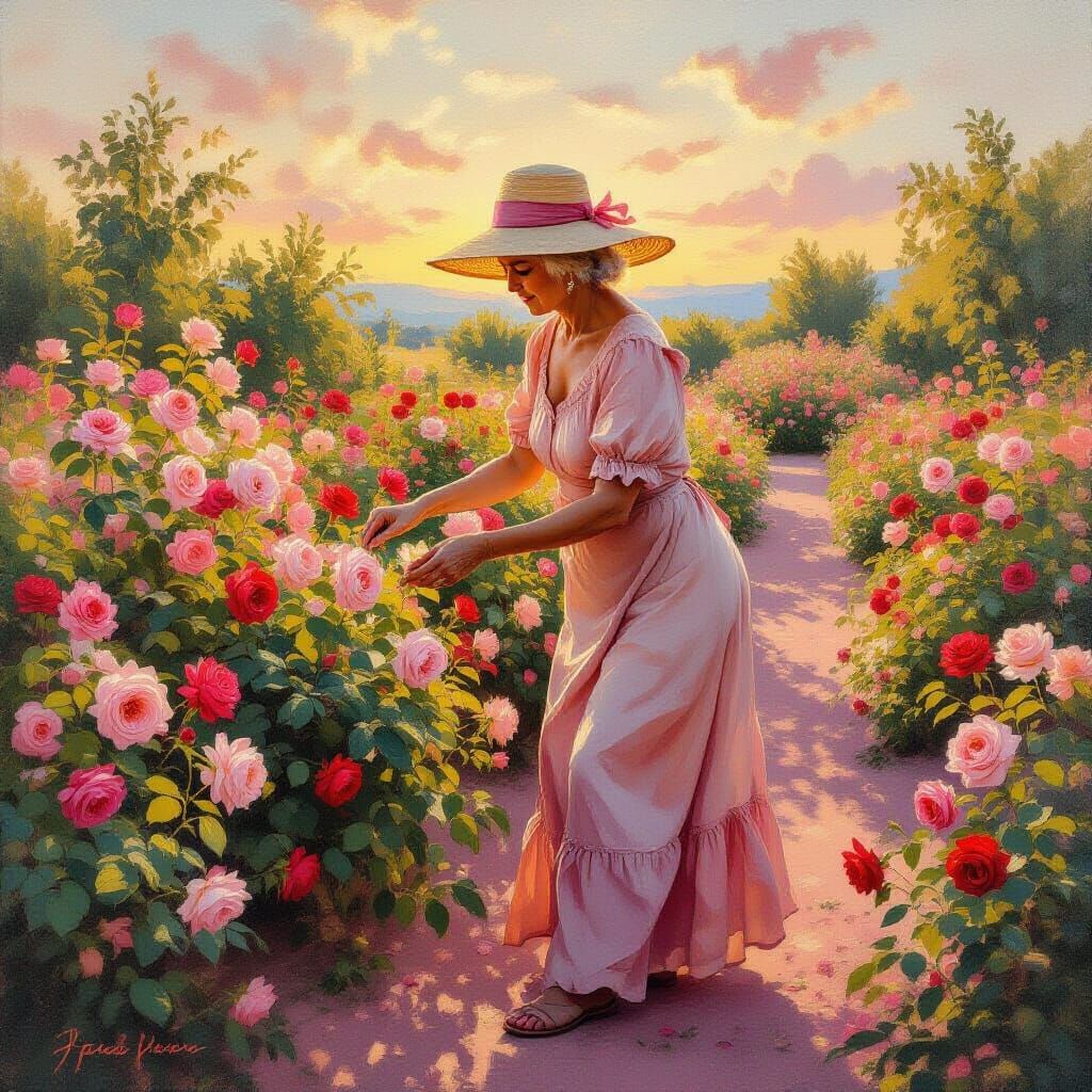 Rose Garden at Sunrise: Impressionistic Oil Painting