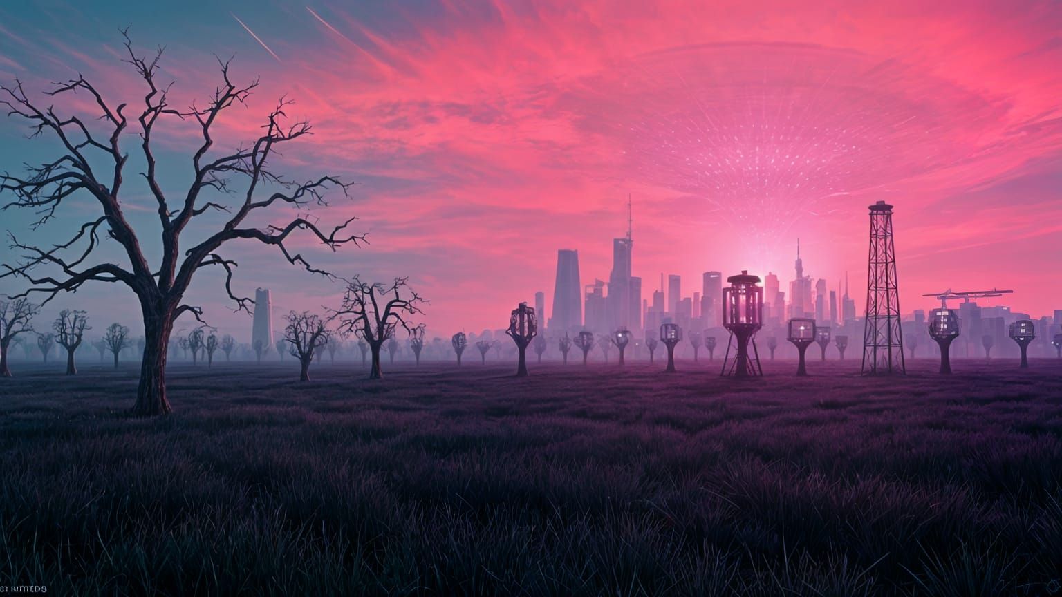 Cyberpunk Landscape in Vibrant, Complementary Colors