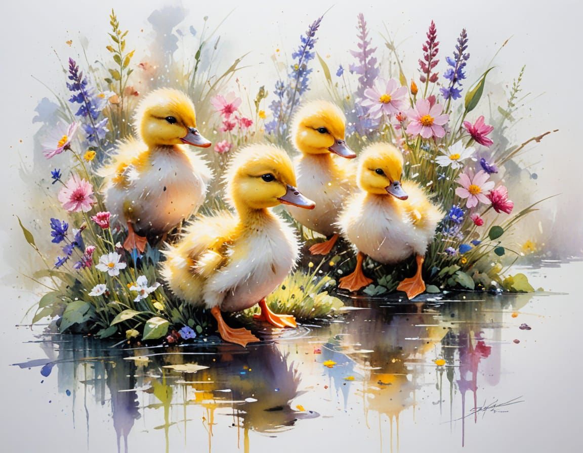 Adorable Ducklings in Sunlit River Garden Watercolor