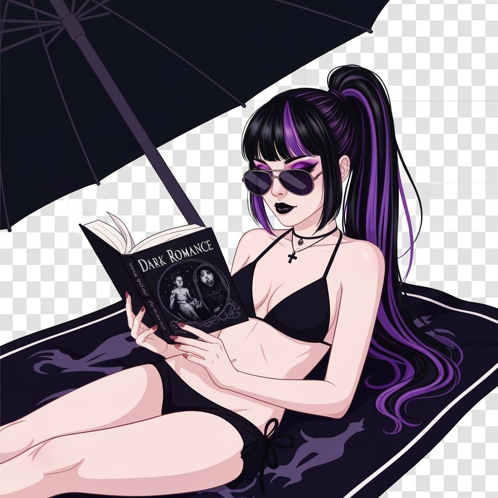 Whimsical Goth Beach Scene: Woman Reading a Dark Romance Boo...