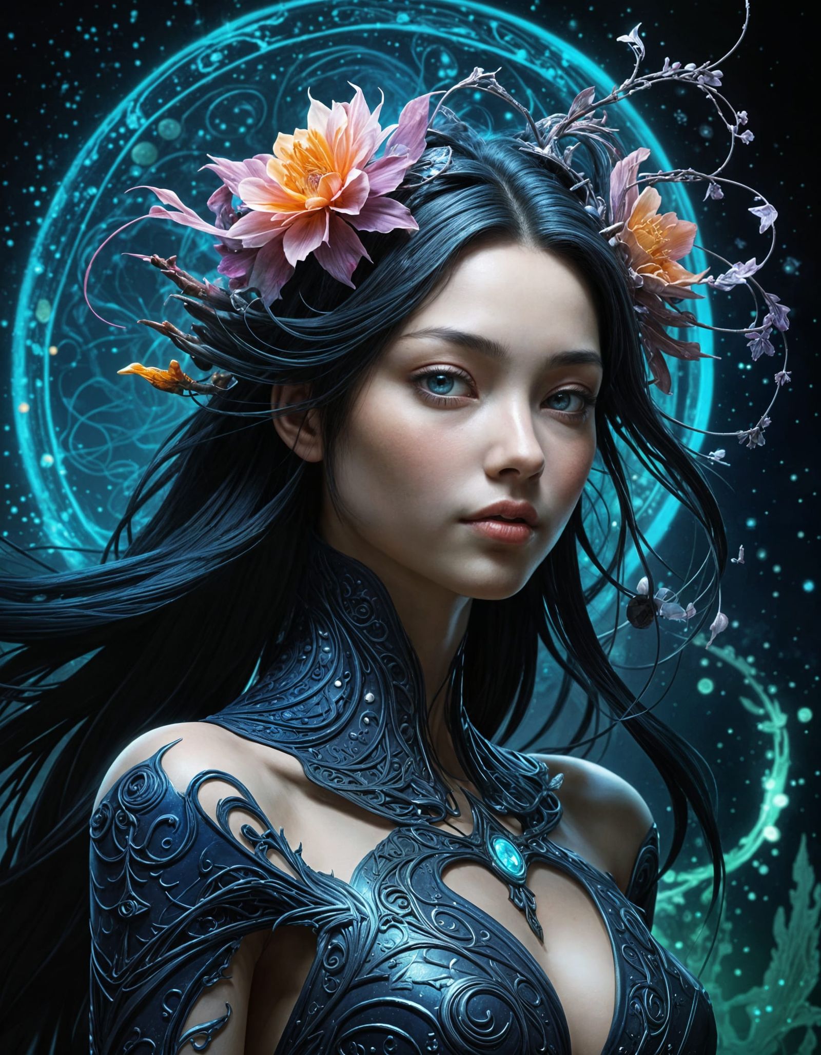 Ethereal Sorceress Conjures Cosmic Energy in Alien Landscape