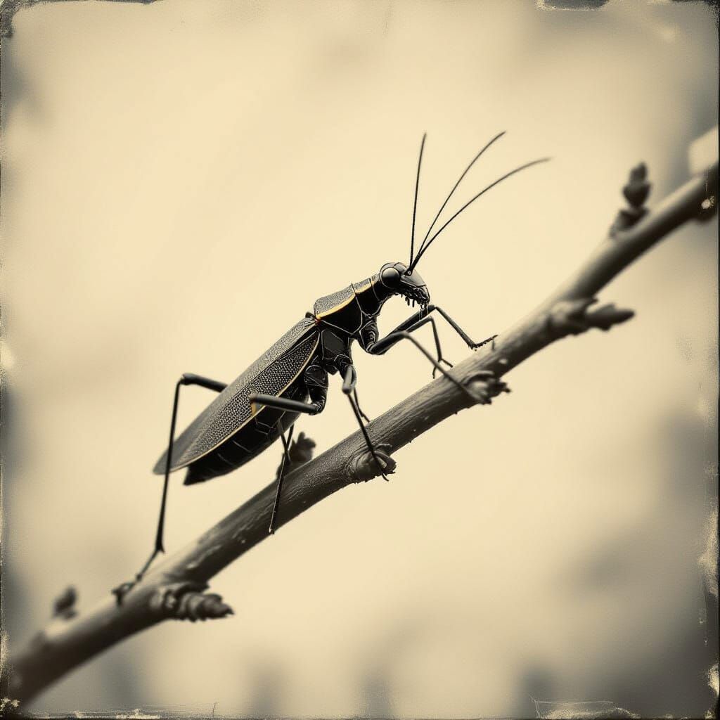 Cinematic Still of Stick Bug on Branch