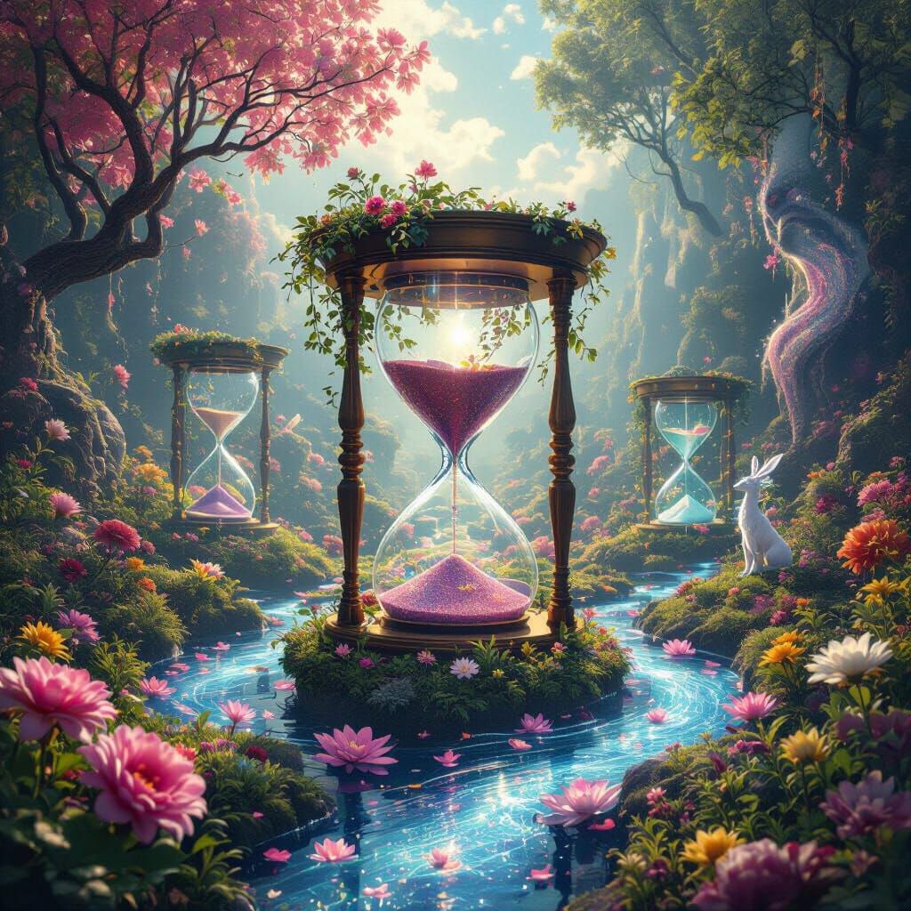 Multiverse Garden With Crystal Creatures and Hourglass River...