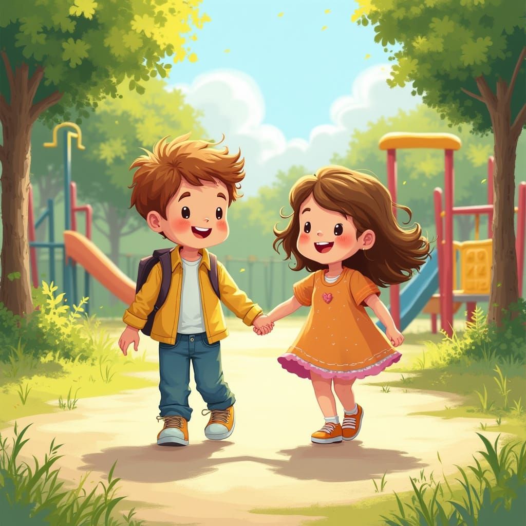 Whimsical School Friends Holding Hands on a Sunny Playground