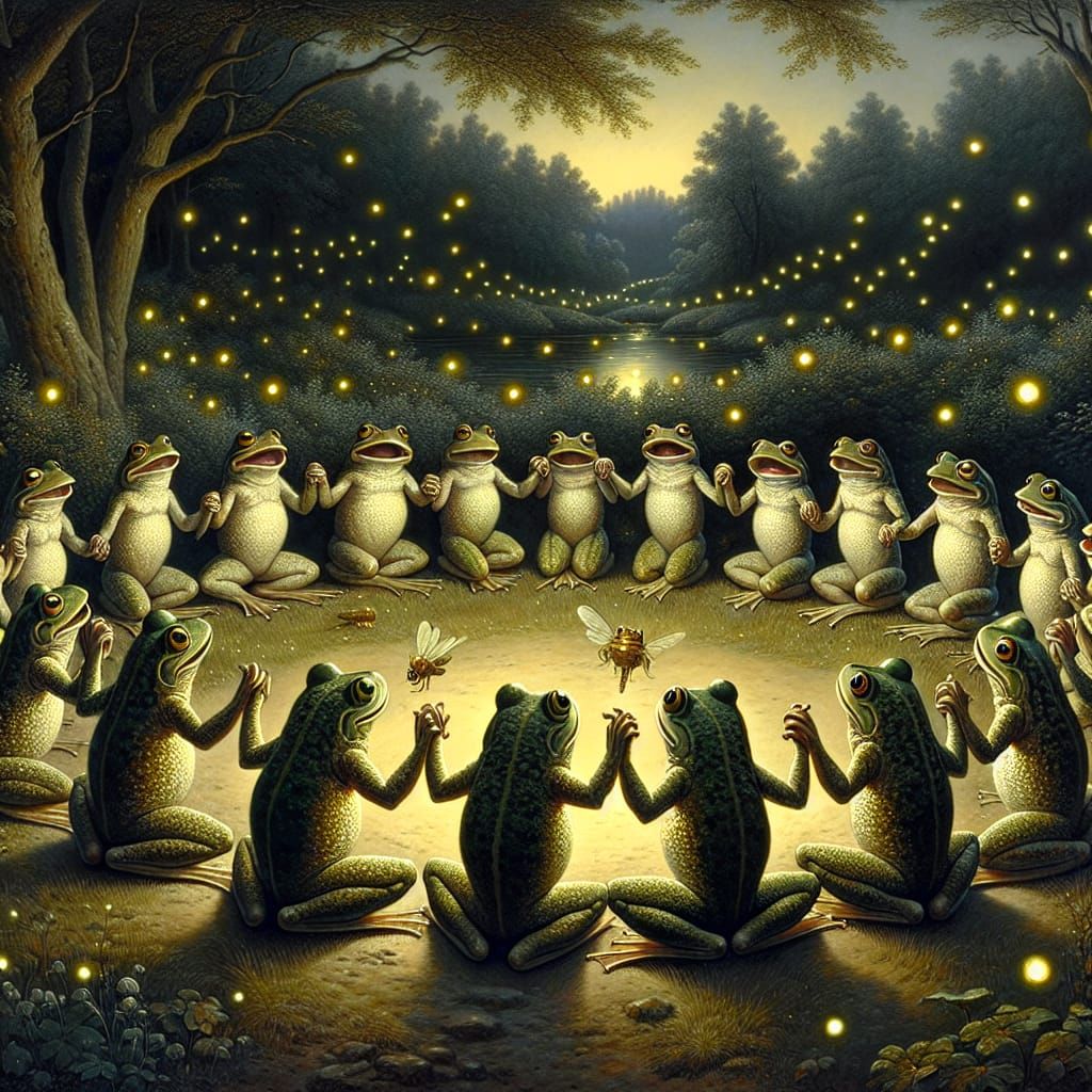 Frogs Dancing Around Fireflies in Pastoral Style