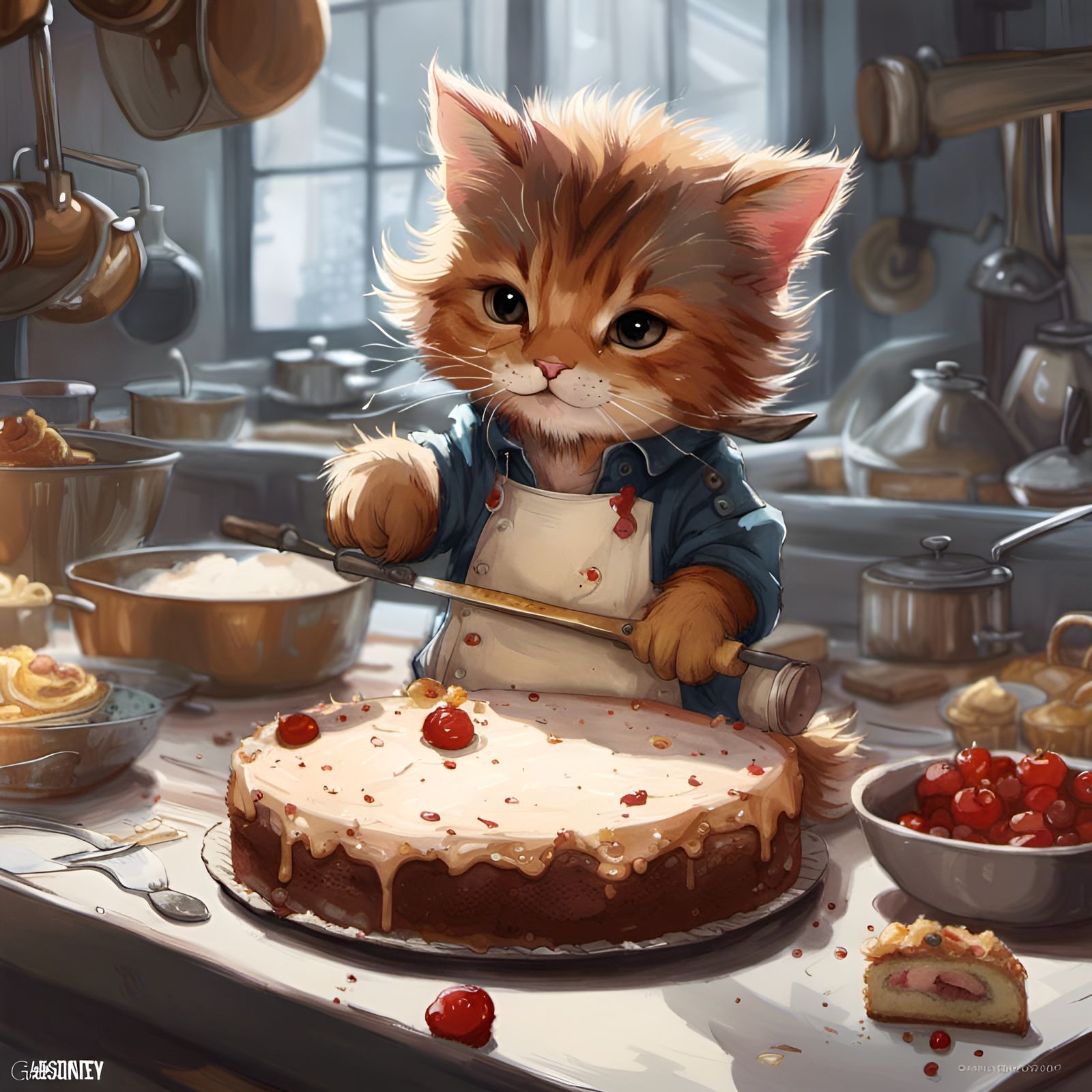 Anime Cat Baking Cake in Detailed Digital Art