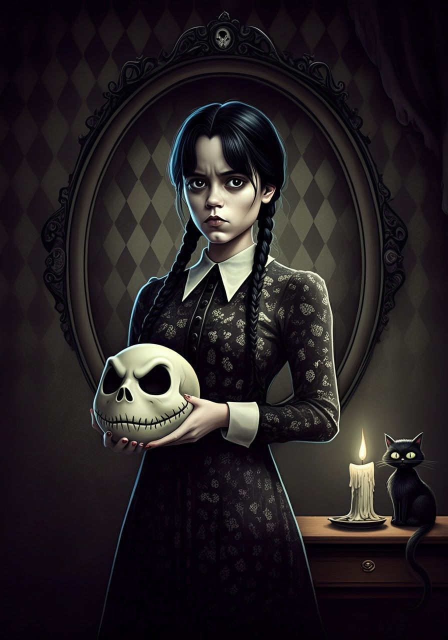 Wednesday Addams Illustration in Gothic Macabre Style