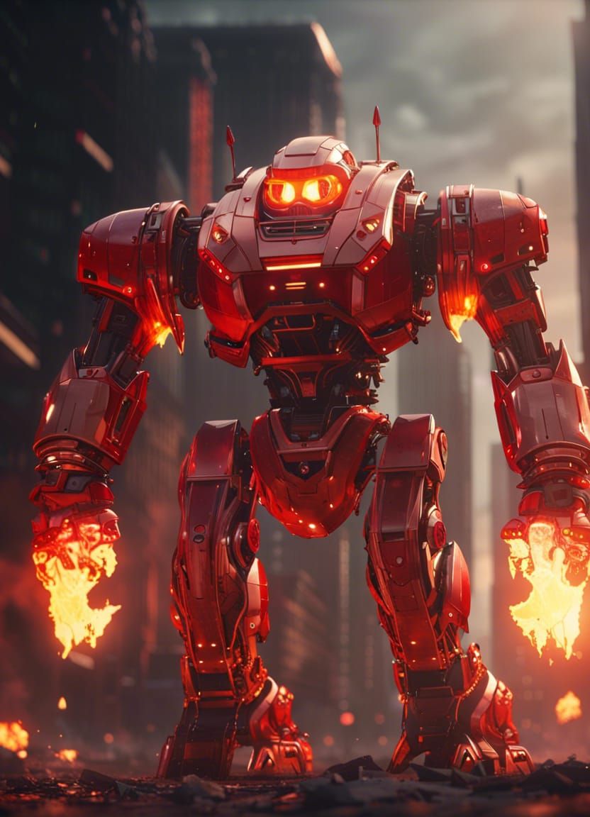 Red Robot in Burning City: Sci-Fi Epic