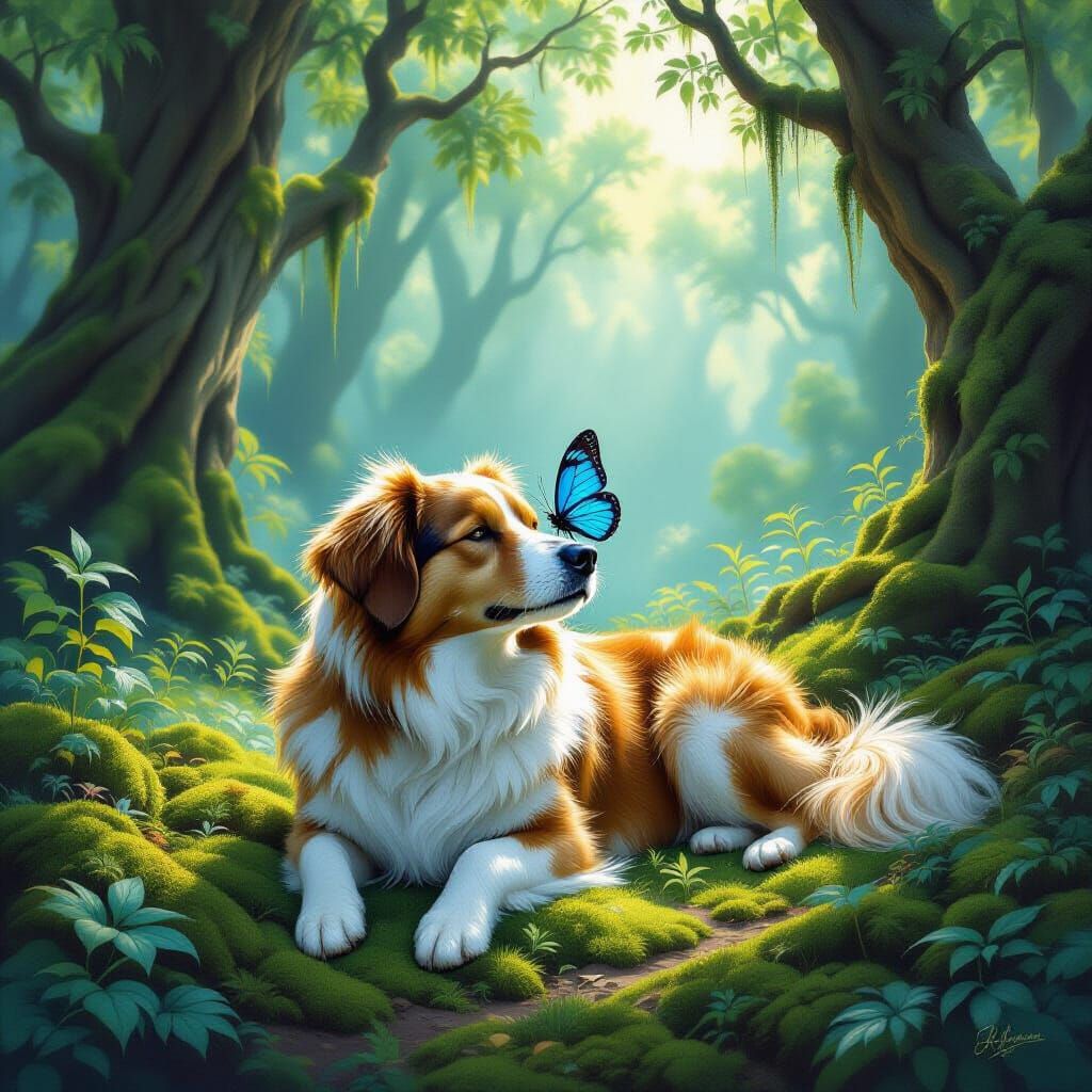 Dog Nap in Whimsical Mossy Forest