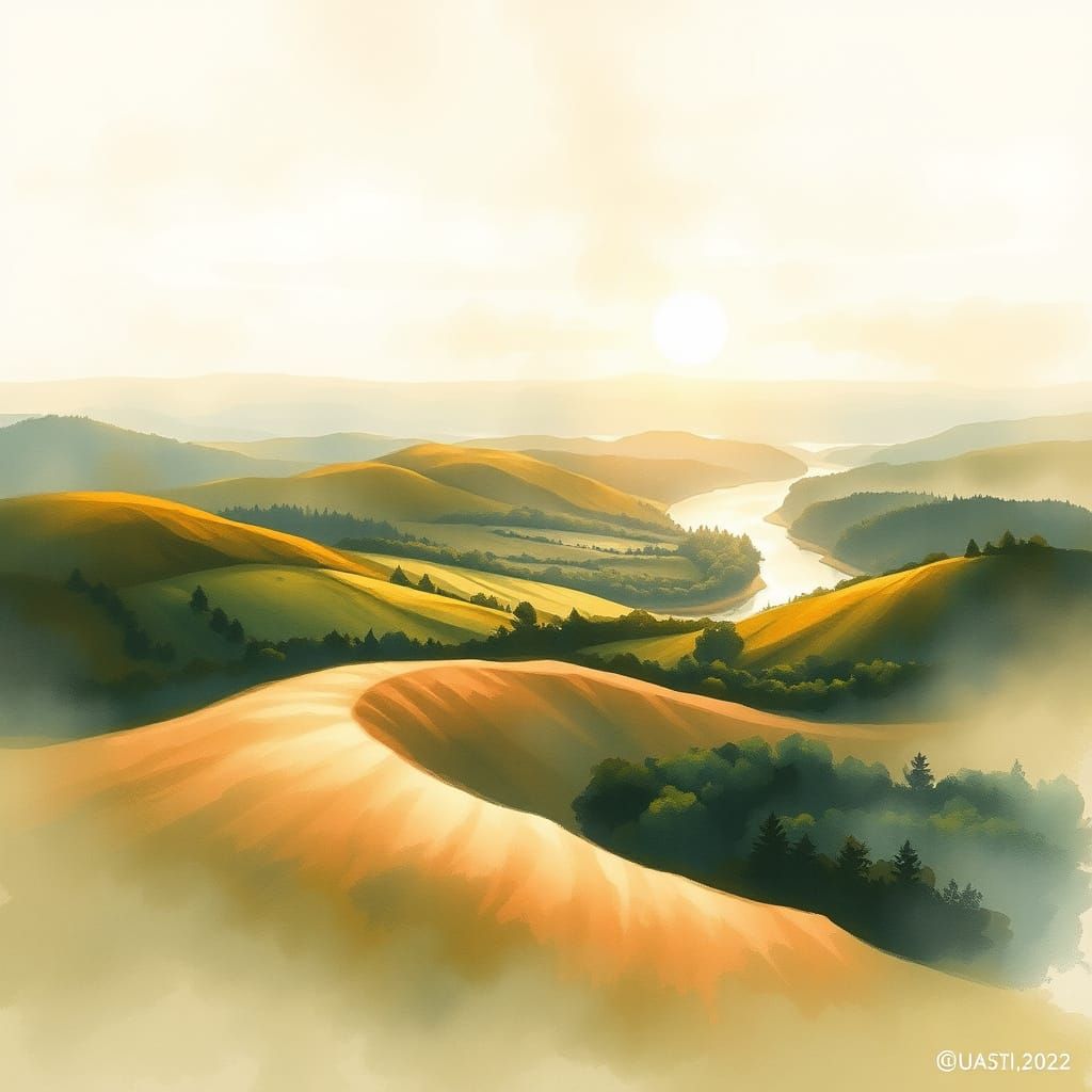 Ethereal Watercolor Landscape at Dawn or Dusk