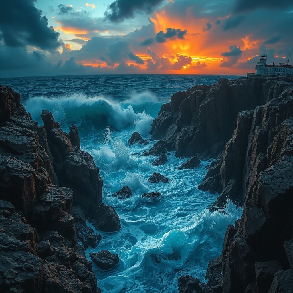 Fierce Turbulent Ocean Landscape in Cyberpunk Style