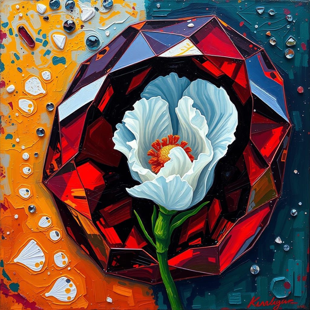 Garnet and White Carnation Bloom in Neo-Expressionist Style