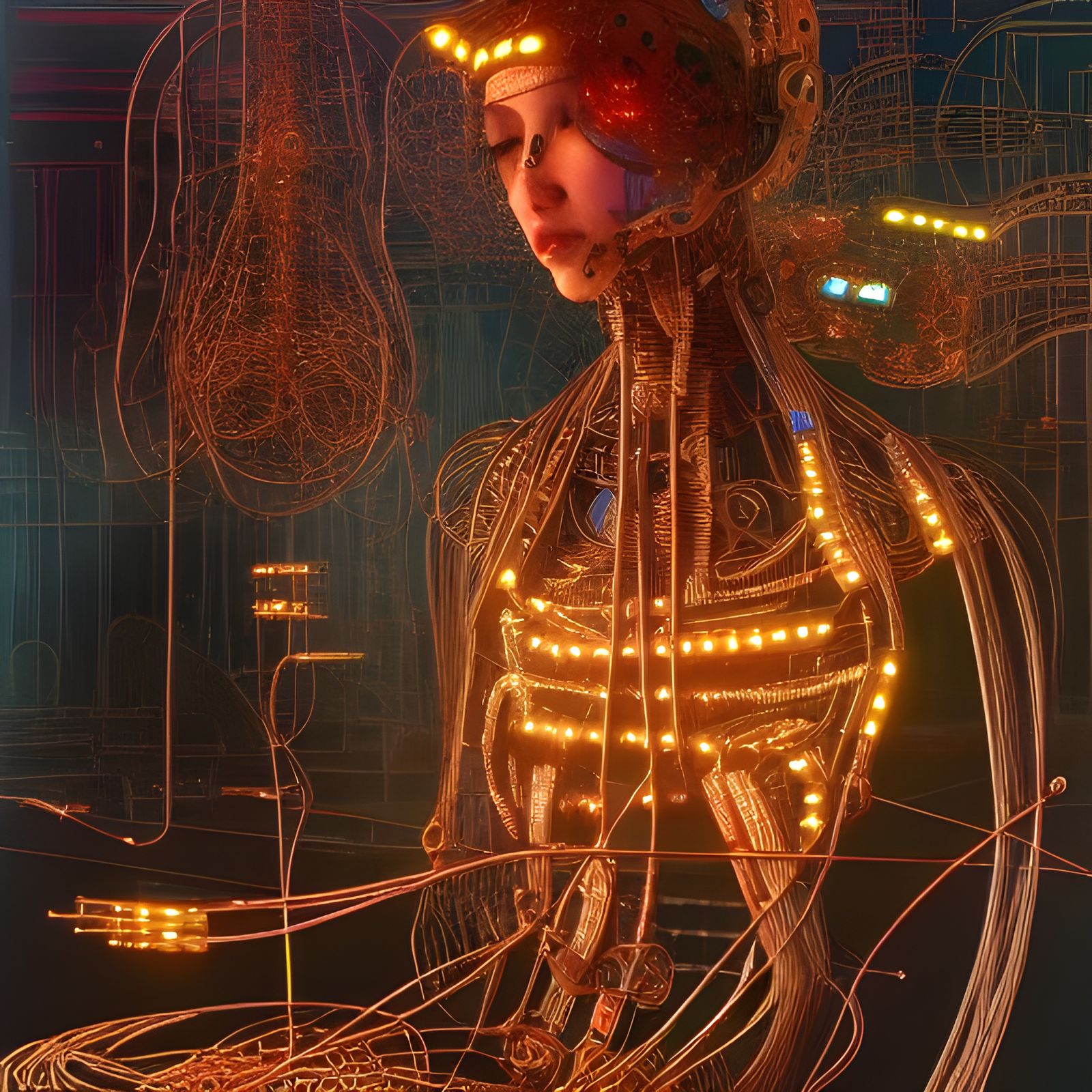 Intricate Neon Humanoid in Desolate Cityscape