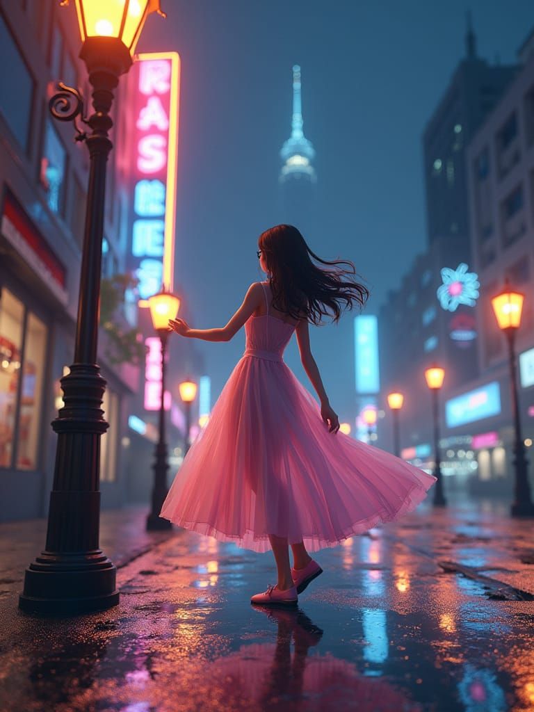 Girl Dancing in Neon Cityscape: Anime-Inspired 3D Art
