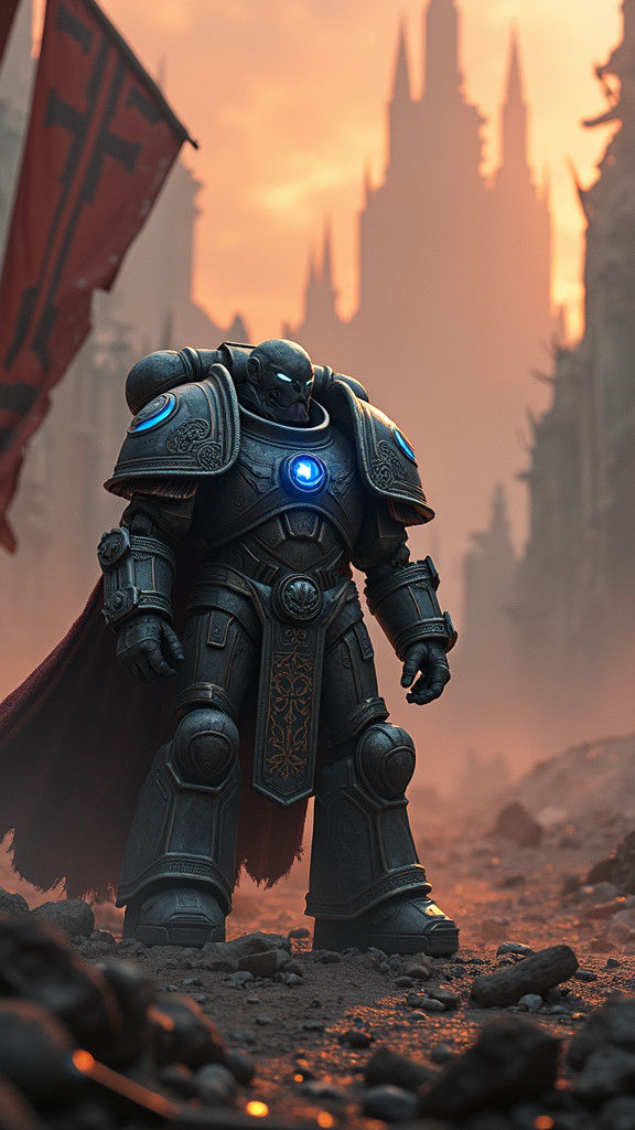 Space Marine in War-Torn Cityscape